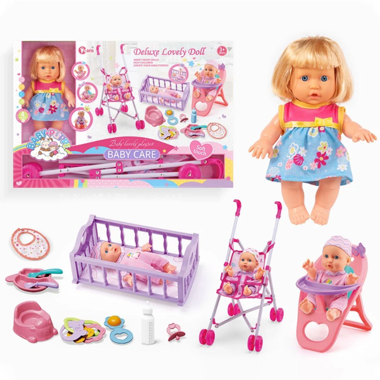 Baby Doll Playset with Cradle, Stroller, and Accessories