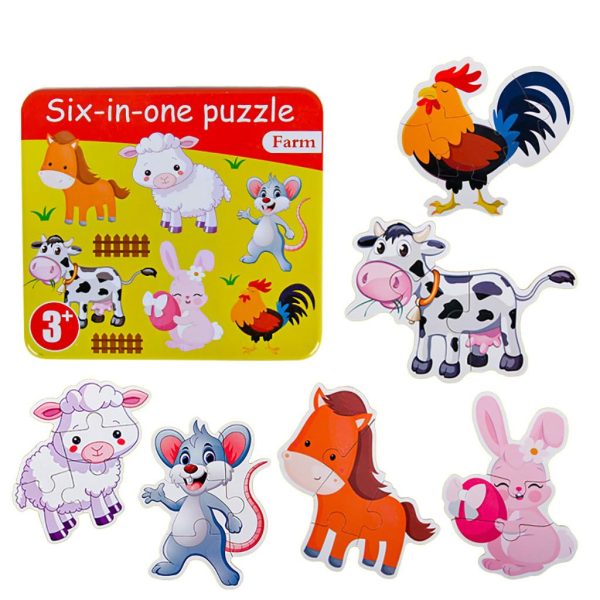 مجموعة ألغاز خشبية 6 في 1 للأطفال - تعليمية وممتعة
