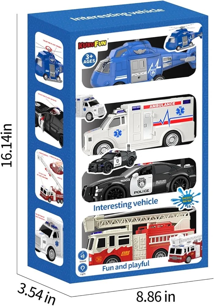 KukuFun Emergency Rescue Vehicle Set – 4 Vehicles in 1 Pack with Lights & Sounds