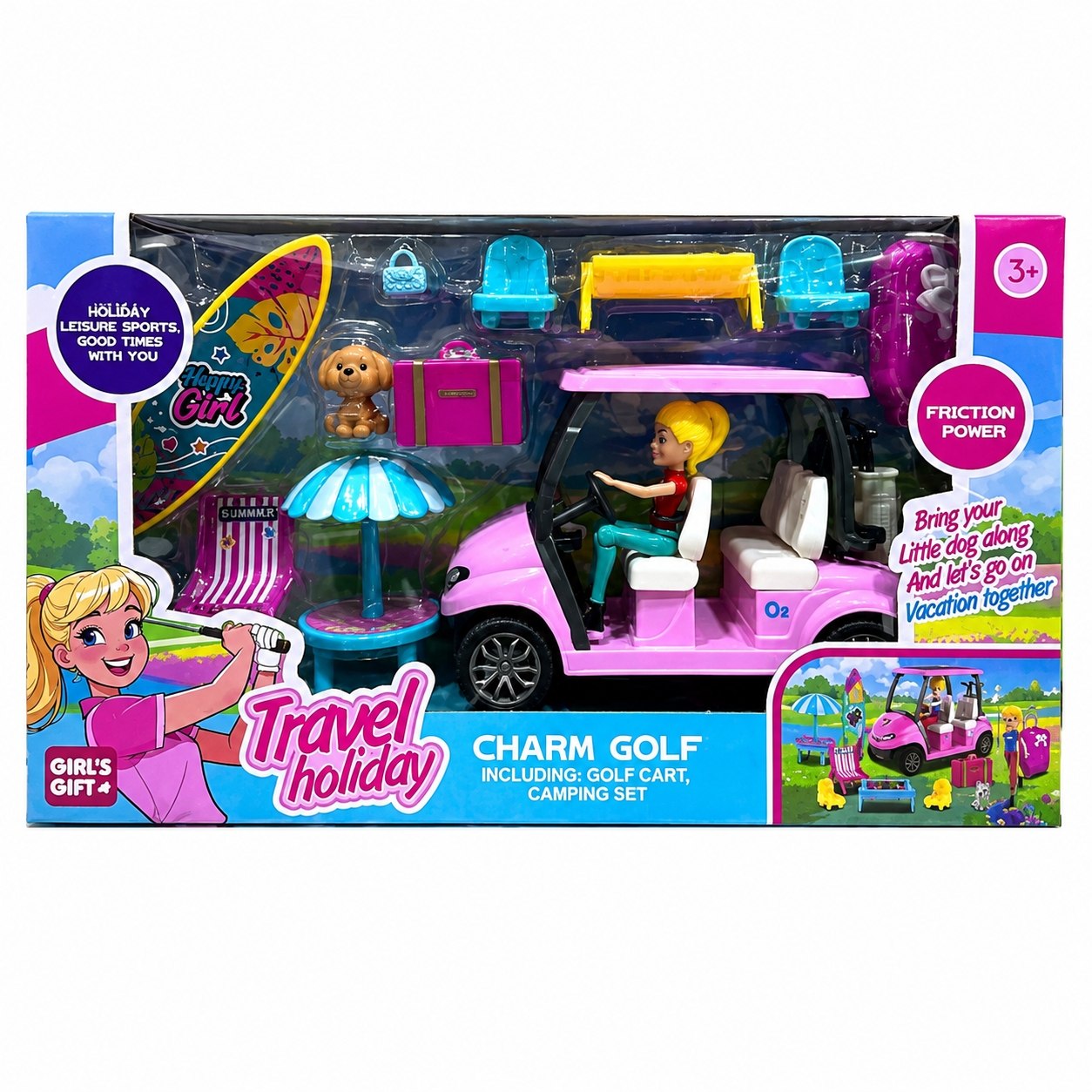 Charm Golf Camping Playset – Pull Back Golf Cart with Doll & Accessories
