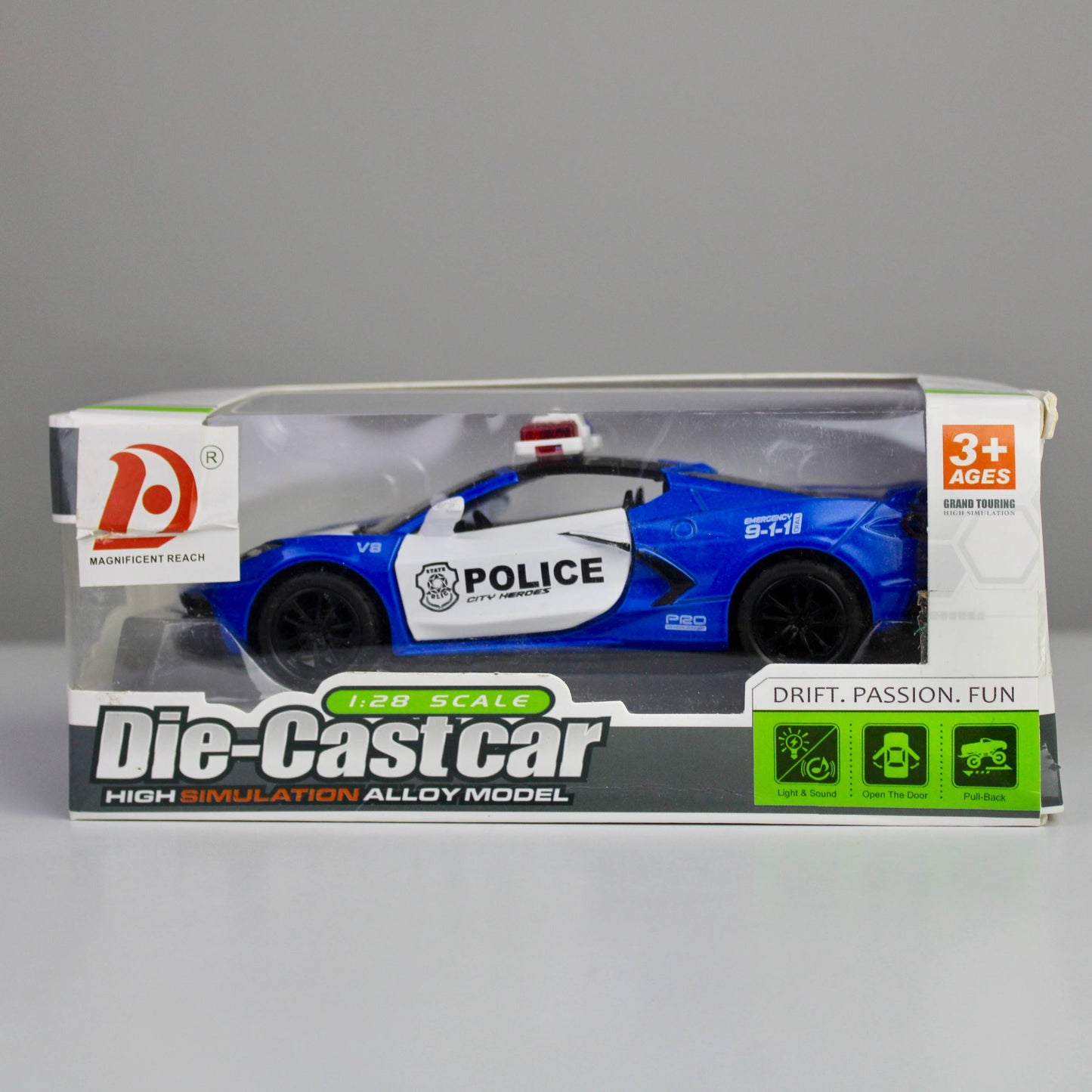 Police Sports Car Die-Cast 1:28 – Metal Model with Lights & Siren Sounds