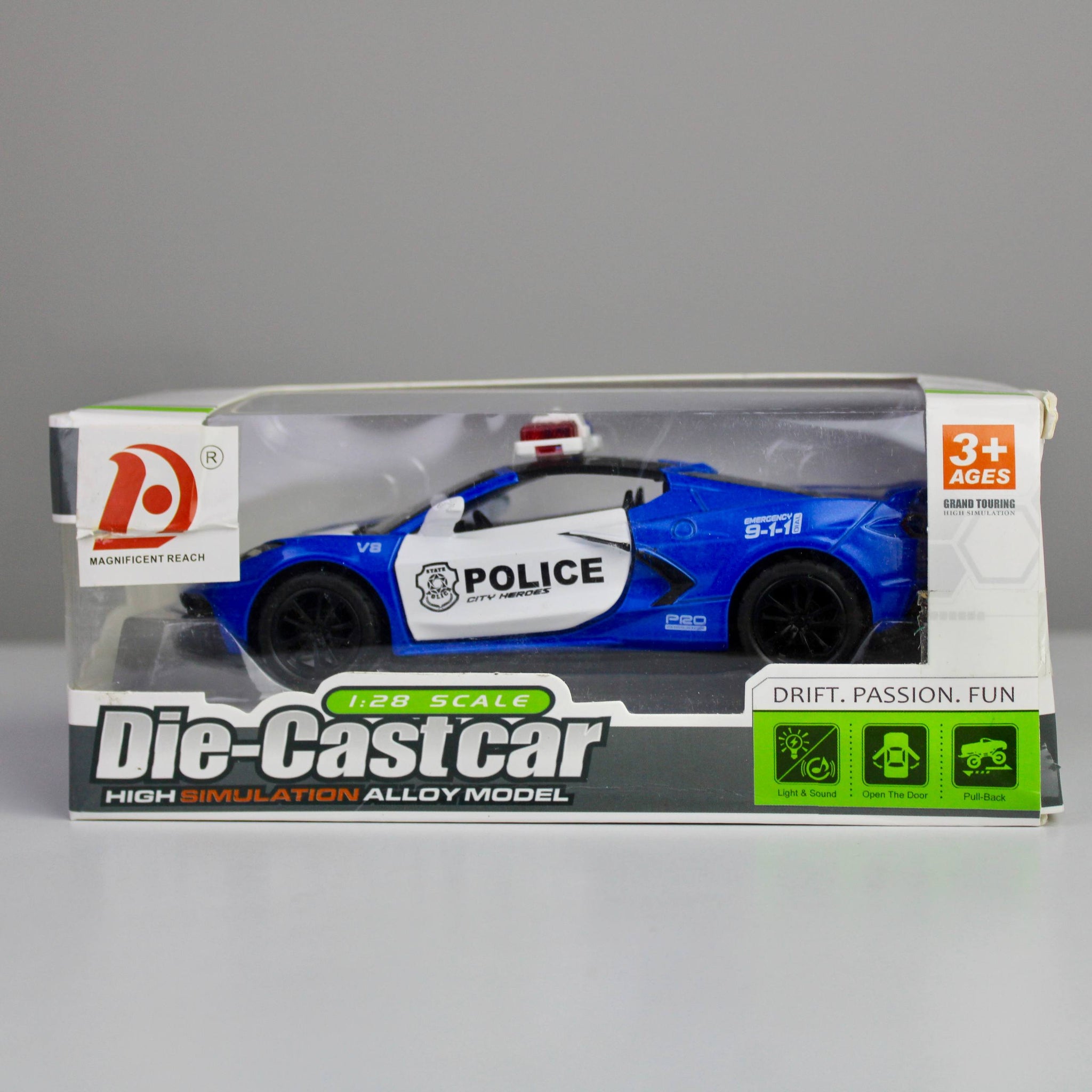 Police Sports Car Die-Cast 1:28 – Metal Model with Lights & Siren Sounds