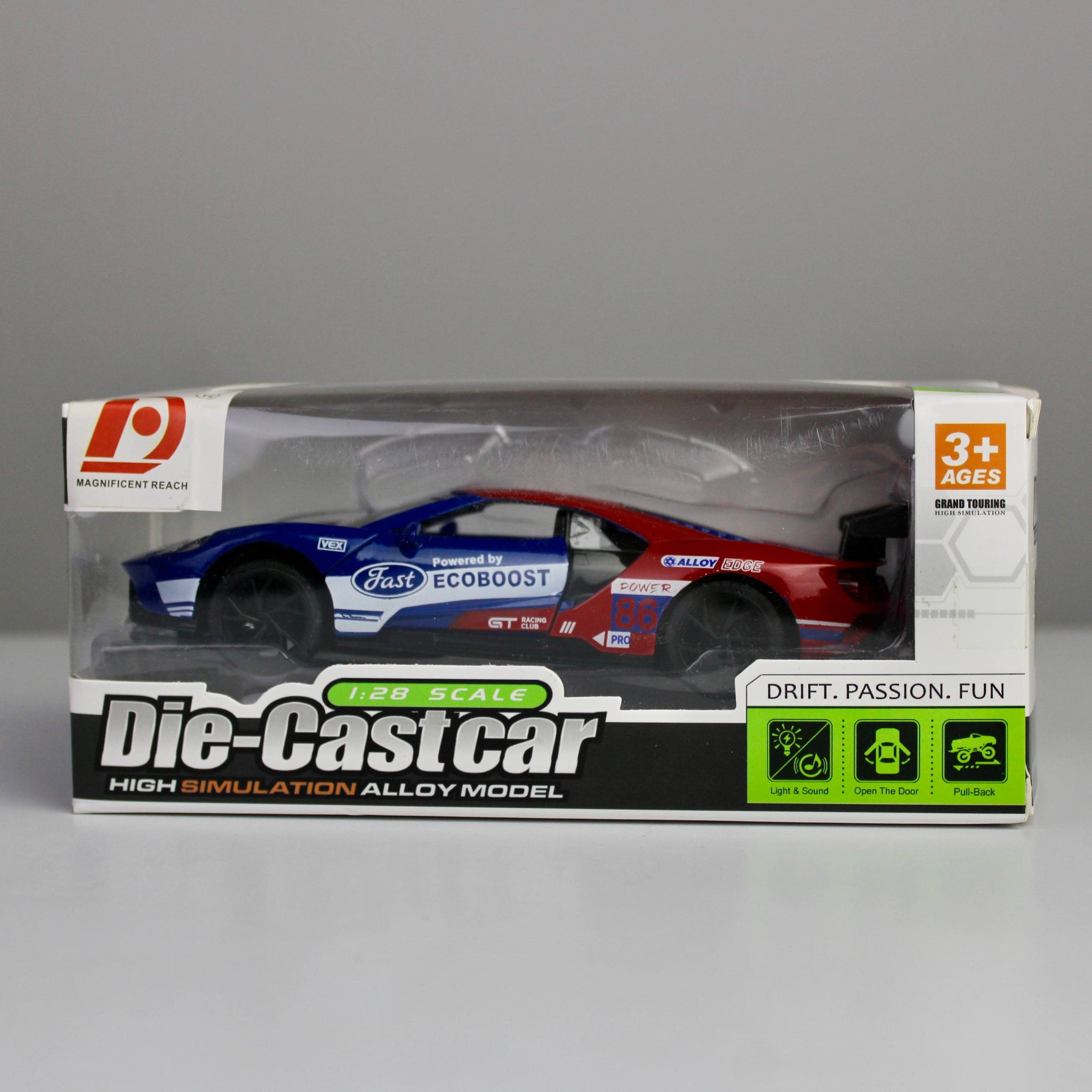 Ford GT-Inspired Racing Car Die-Cast 1:28 – Metal Model with Lights & Sounds