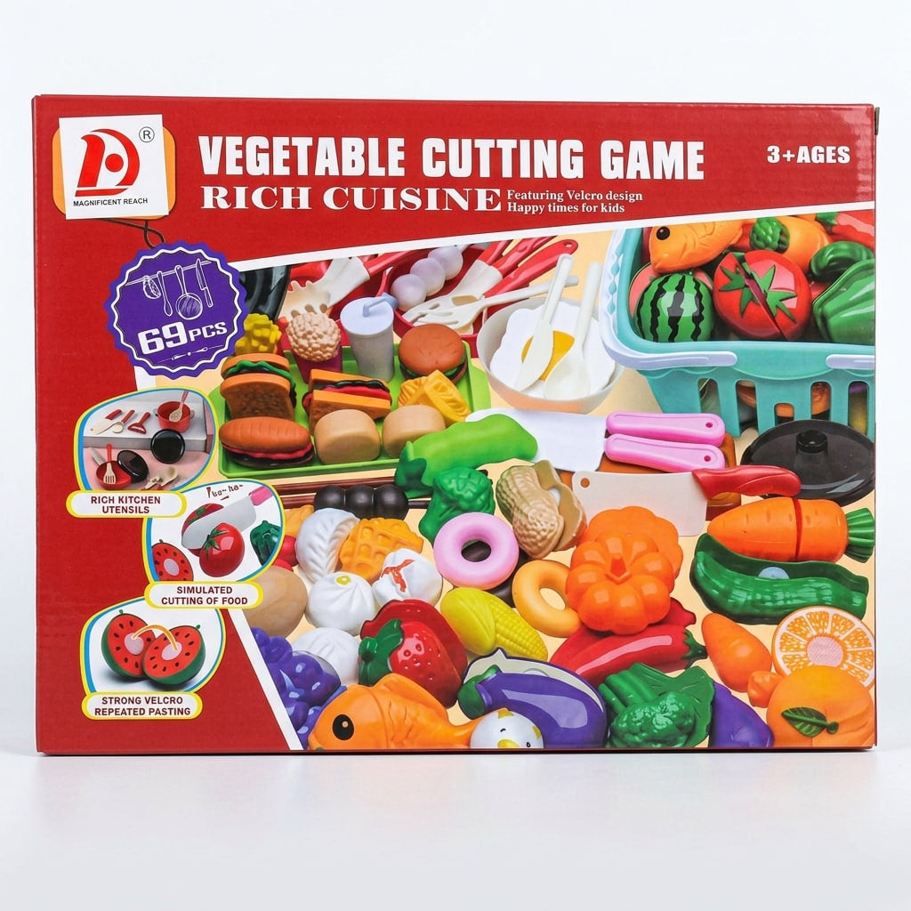Kids Cutting Fruits & Vegetables Toy Set – 69-Piece Pretend Play Kitchen Set
