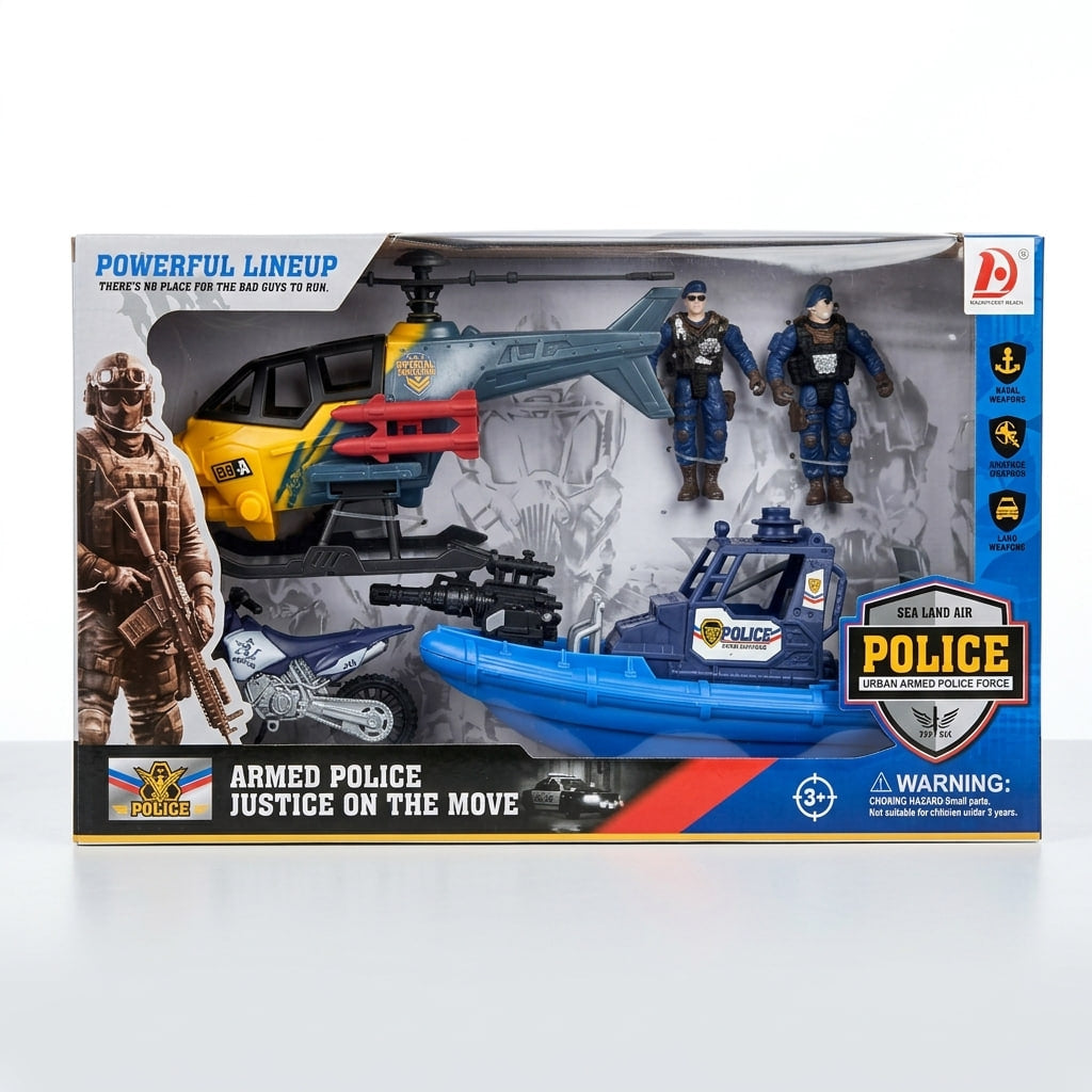 Police Rescue Team Playset – Helicopter, Boat & Motorcycle