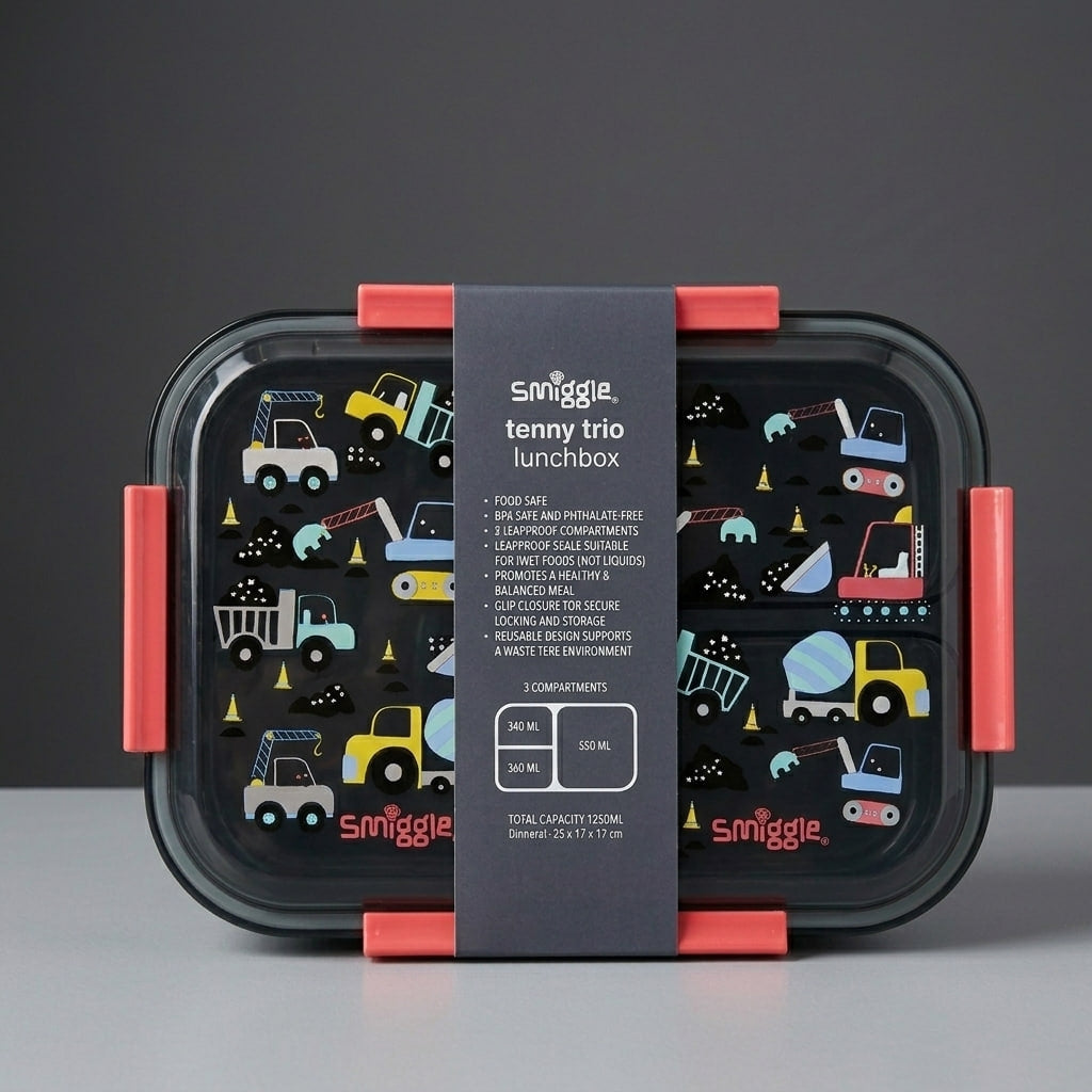 Smiggle Construction Vehicles Lunch Box & Water Bottle Set – 1270ml + 600ml