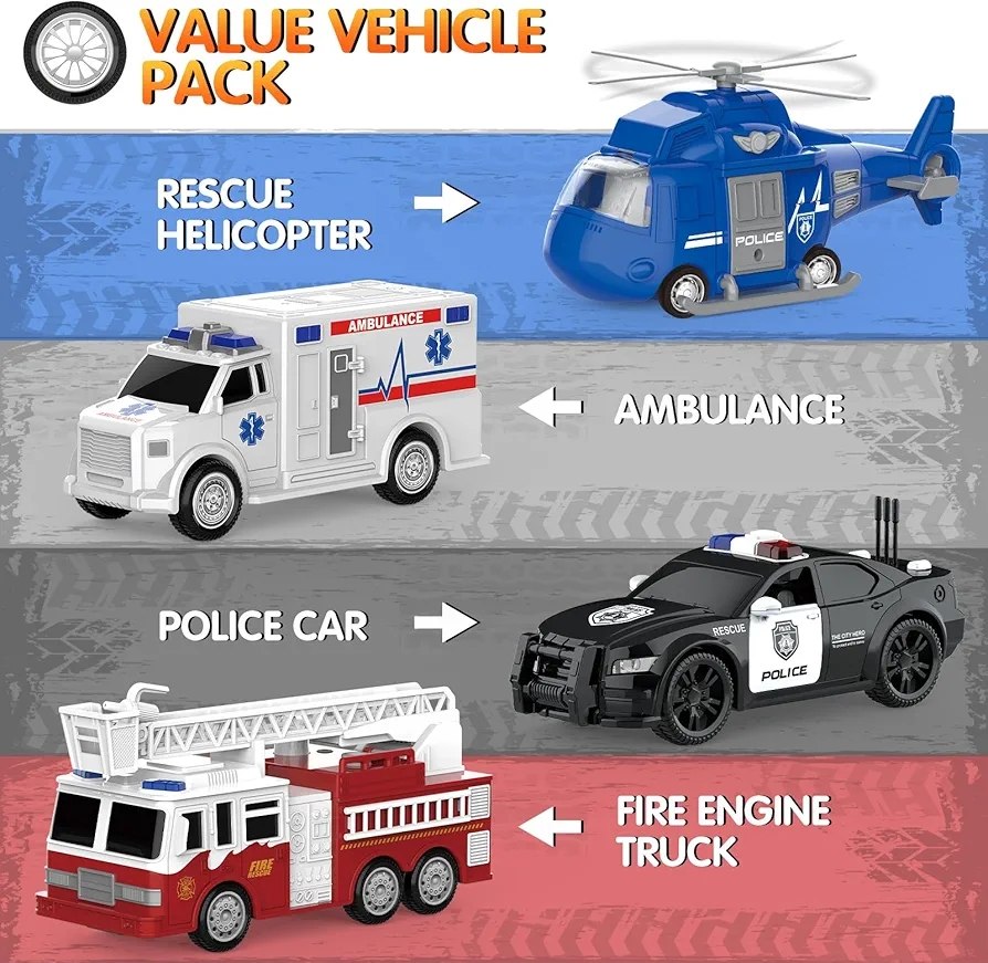 KukuFun Emergency Rescue Vehicle Set – 4 Vehicles in 1 Pack with Lights & Sounds