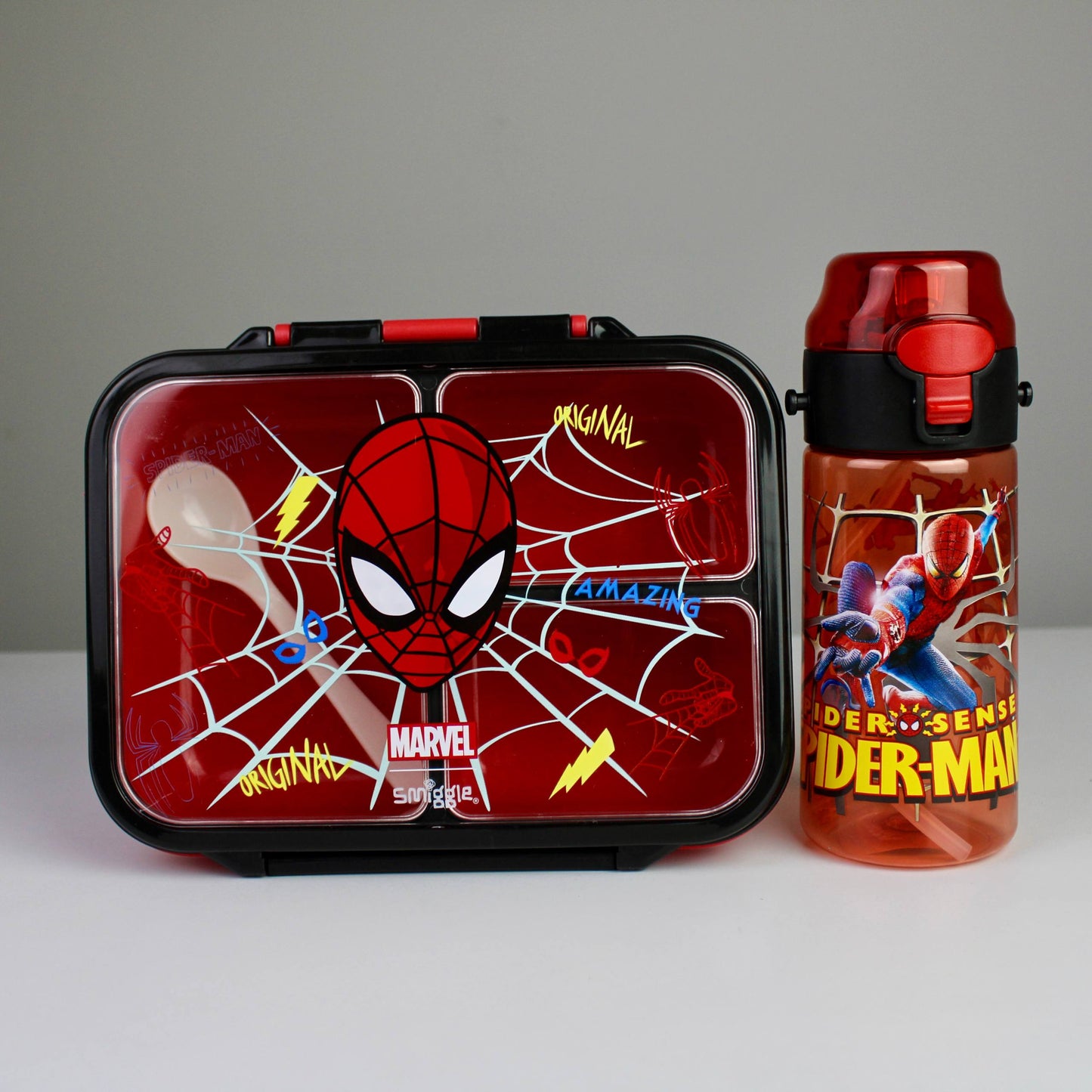 Smiggle Spider-Man Lunch Box & Bottle Set – 3-Compartment Lunch Box with Leak-Resistant Bottle