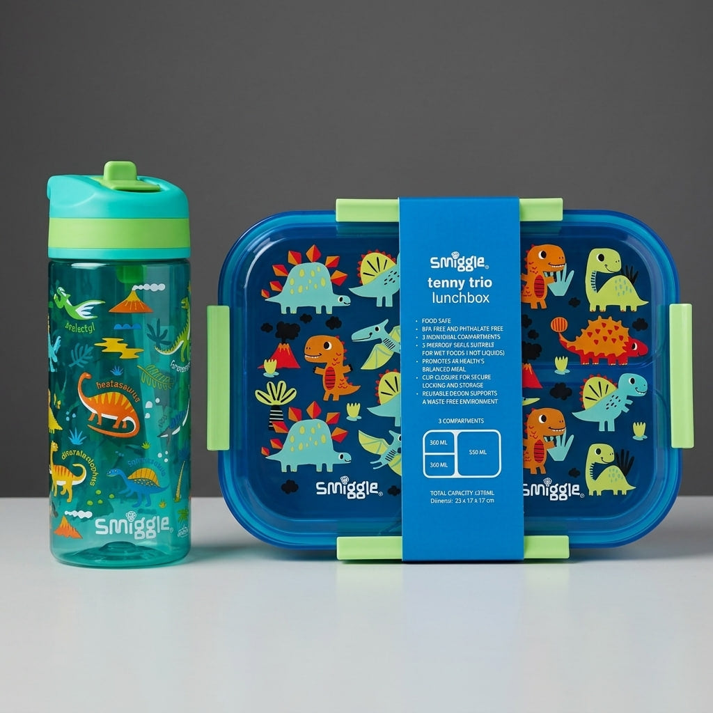 Smiggle Dinosaur Lunch Box & Water Bottle Set – 1270ml + 480ml