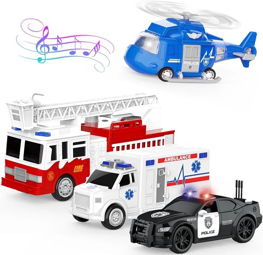 KukuFun Emergency Rescue Vehicle Set – 4 Vehicles in 1 Pack with Lights & Sounds