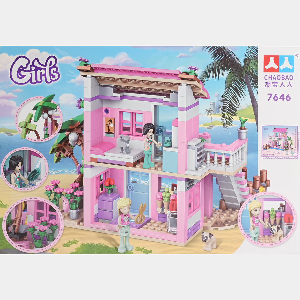 Chaobao Beach House – 474+ Piece 2-Story Pink Beach Villa Building Set