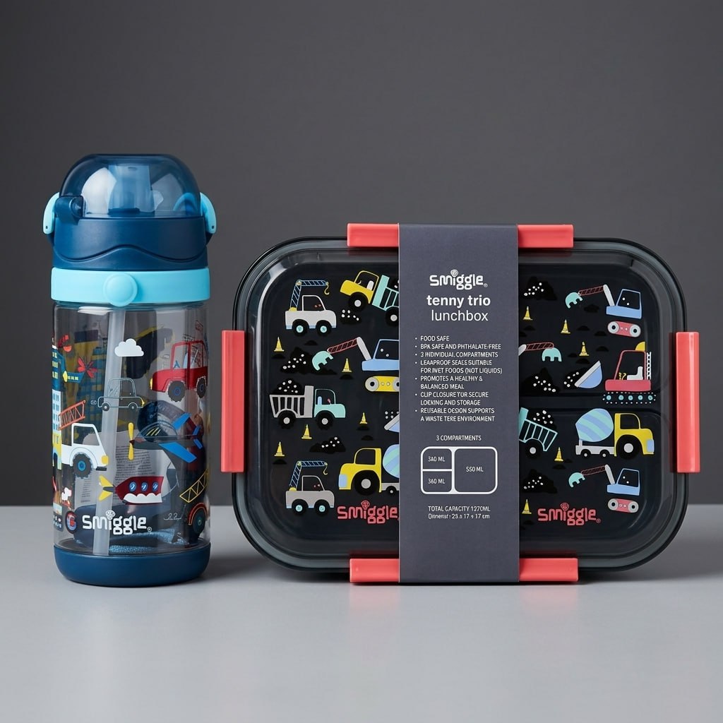 Smiggle Construction Vehicles Lunch Box & Water Bottle Set – 1270ml + 600ml