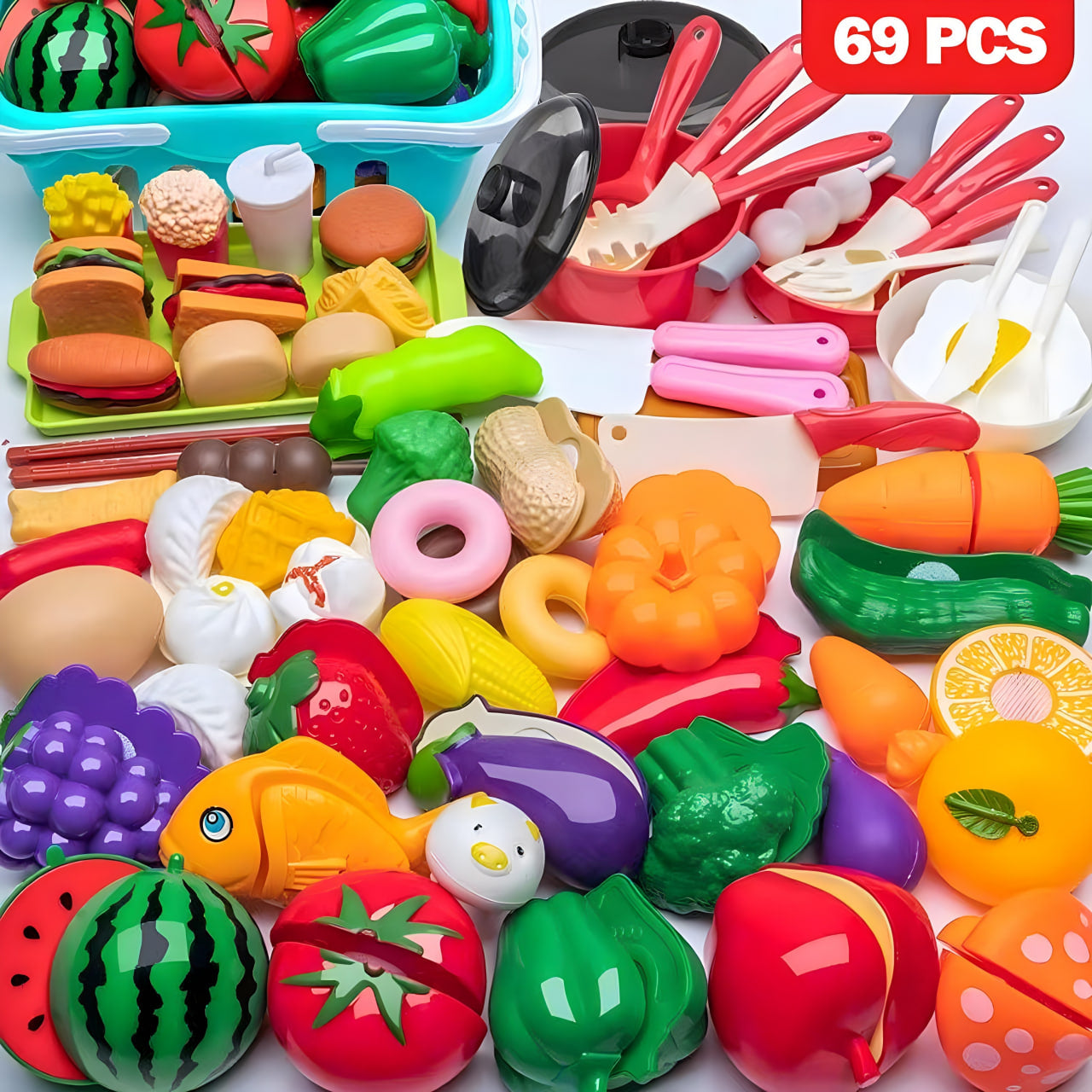 Kids Cutting Fruits & Vegetables Toy Set – 69-Piece Pretend Play Kitchen Set