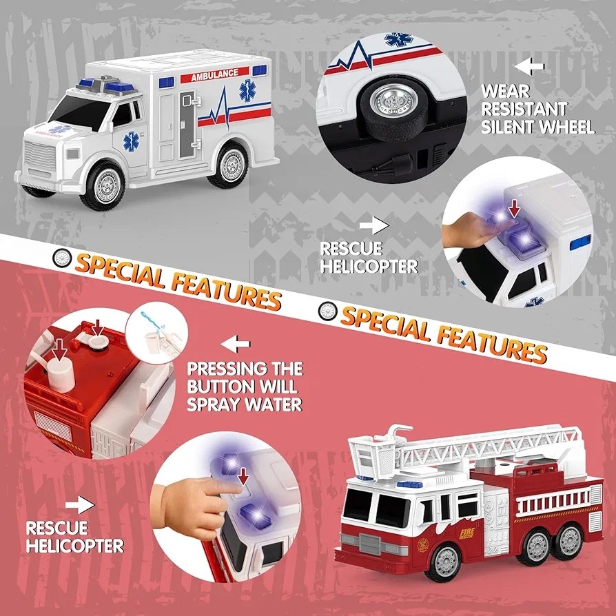 KukuFun Emergency Rescue Vehicle Set – 4 Vehicles in 1 Pack with Lights & Sounds