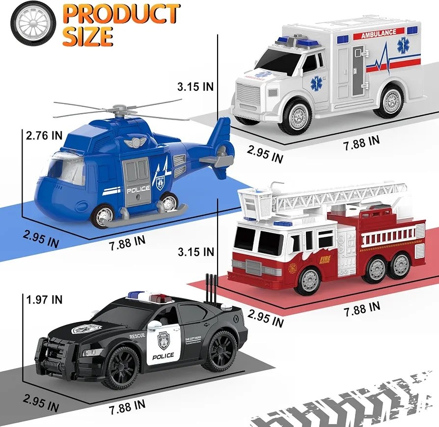 KukuFun Emergency Rescue Vehicle Set – 4 Vehicles in 1 Pack with Lights & Sounds