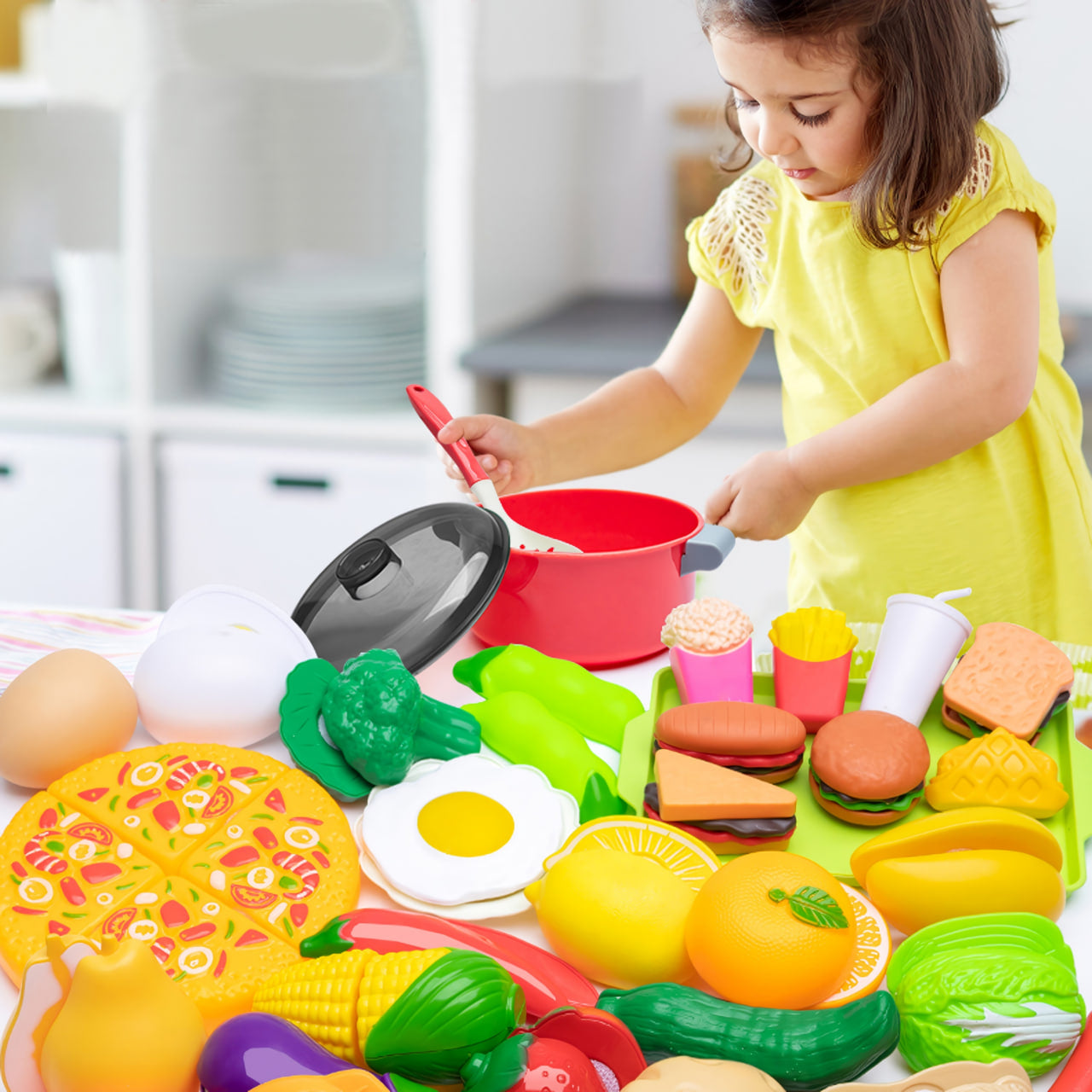 Kids Cutting Fruits & Vegetables Toy Set – 69-Piece Pretend Play Kitchen Set